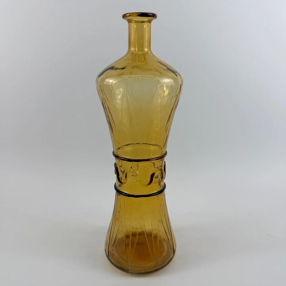 Vintage Empoli Italian Amber Glass Decanter Bottle Applied Ribbon Waist